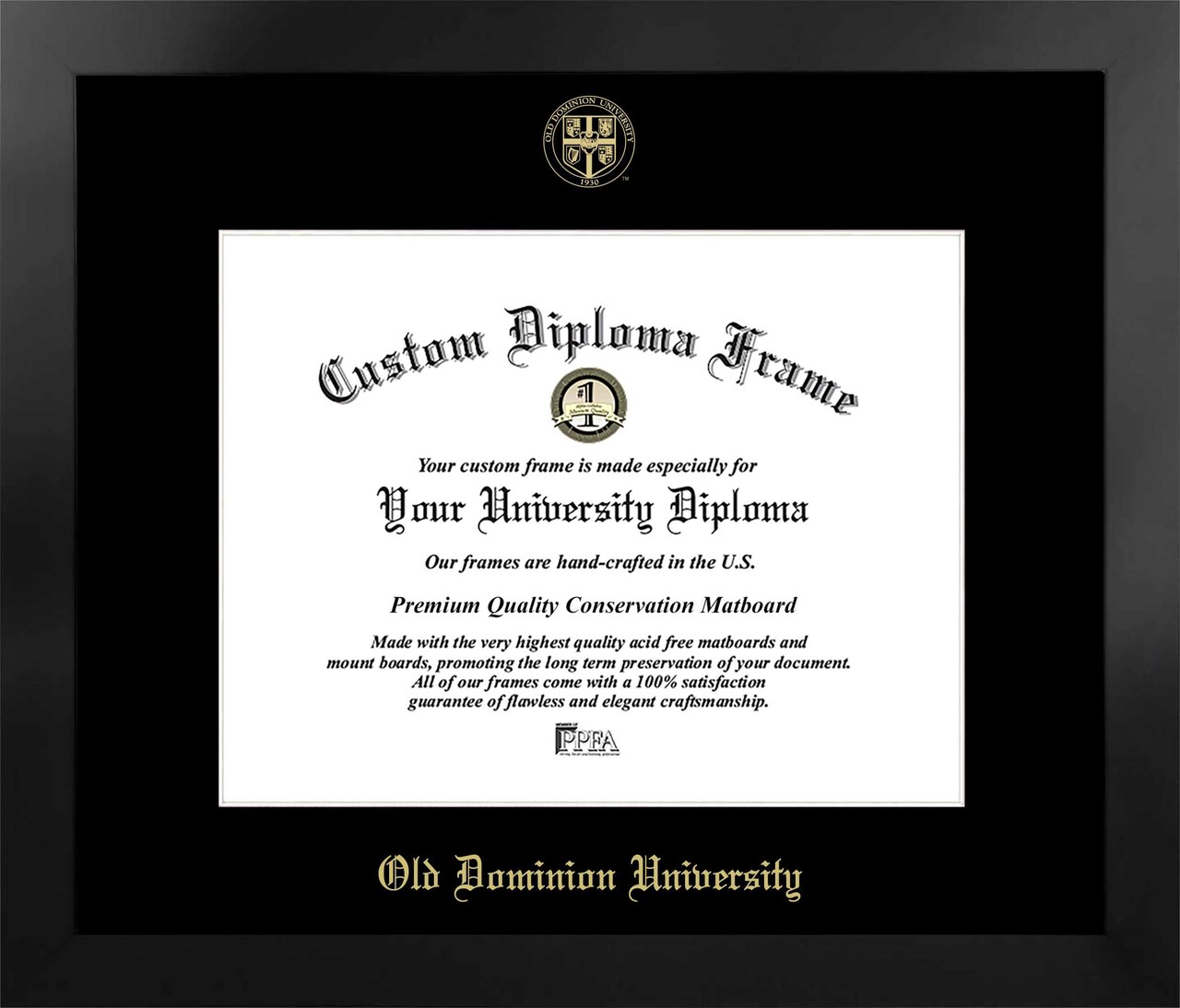 Old Dominion 14w x 11h Manhattan Black Single Mat Gold Embossed Diploma Frame with Bonus Campus Images Lithograph (value savings at $59)